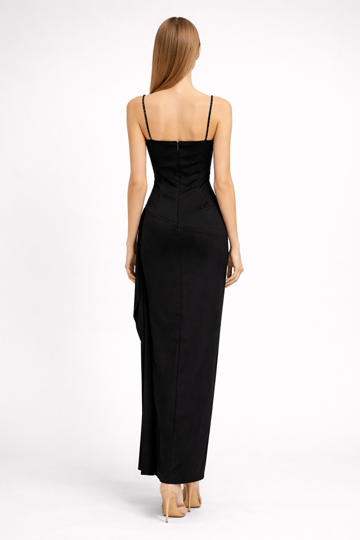 spaghetti strap fitted midi dress with floral crystal embellishments – RUBY