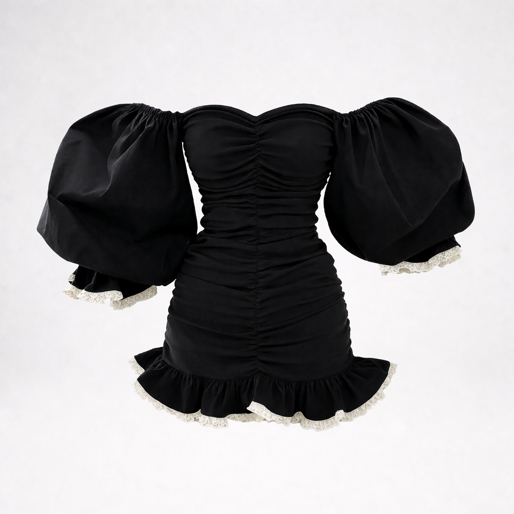 off-shoulder ruched mini dress with puff sleeves – BLOOM