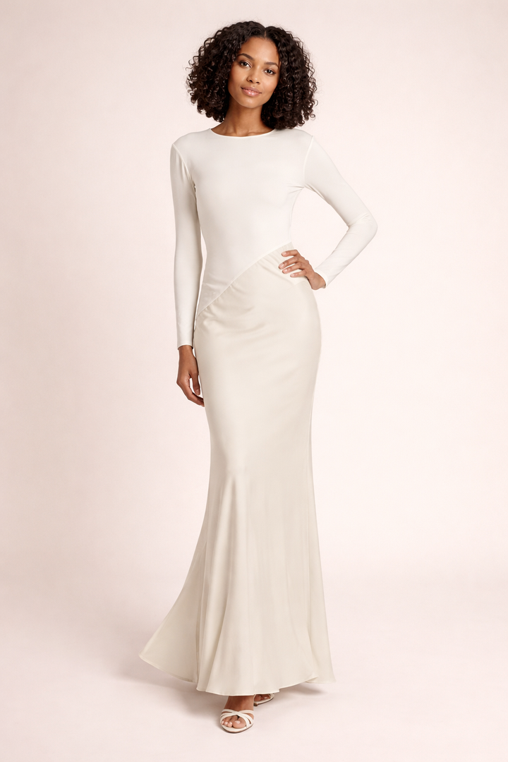 long-sleeve draped mermaid dress with asymmetric waist – LUMINA