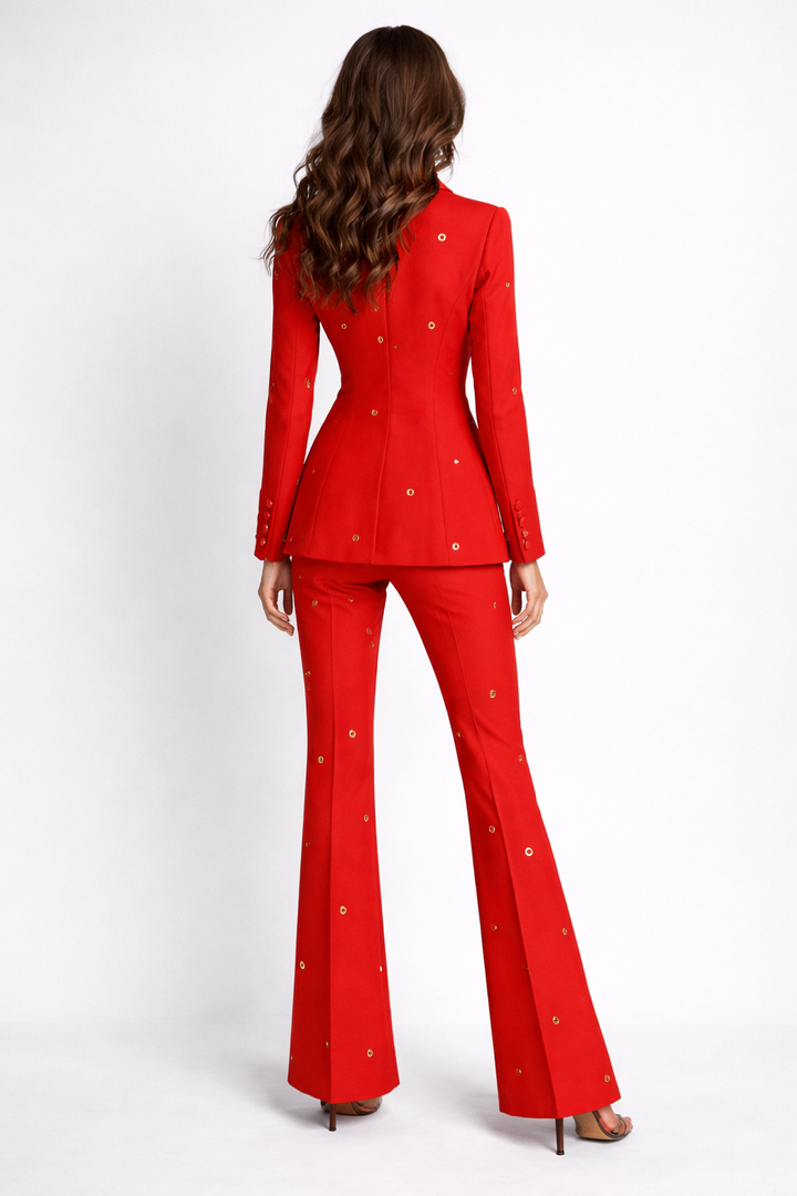 tailored blazer and flared pants set with metallic eyelet details – SCARLET