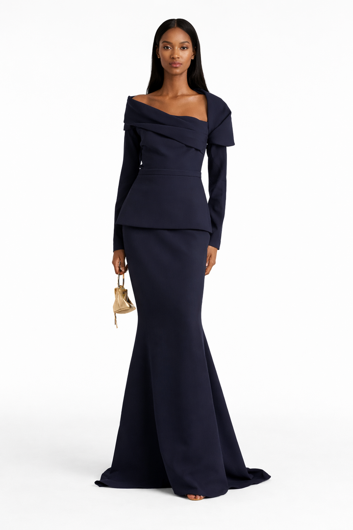 off-shoulder peplum mermaid gown with asymmetric neckline – NOCTURA