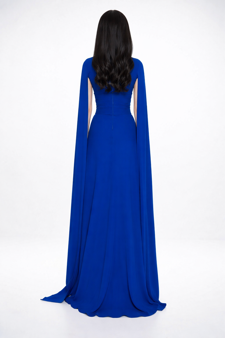 high-neck column dress with shoulder cape – AZURA