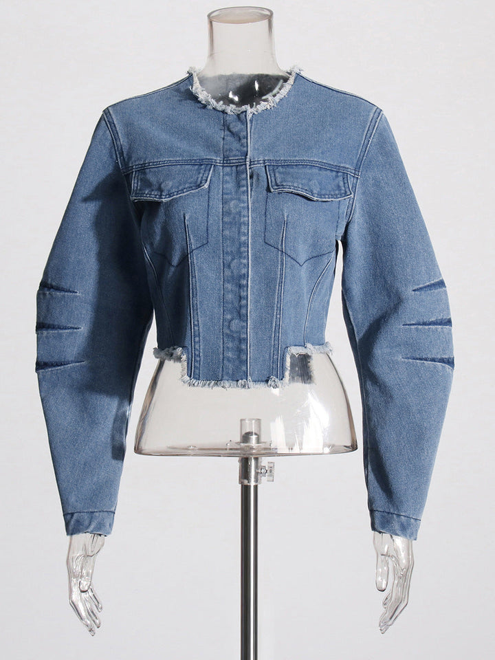cropped denim jacket with raw edge detailing – URBAN
