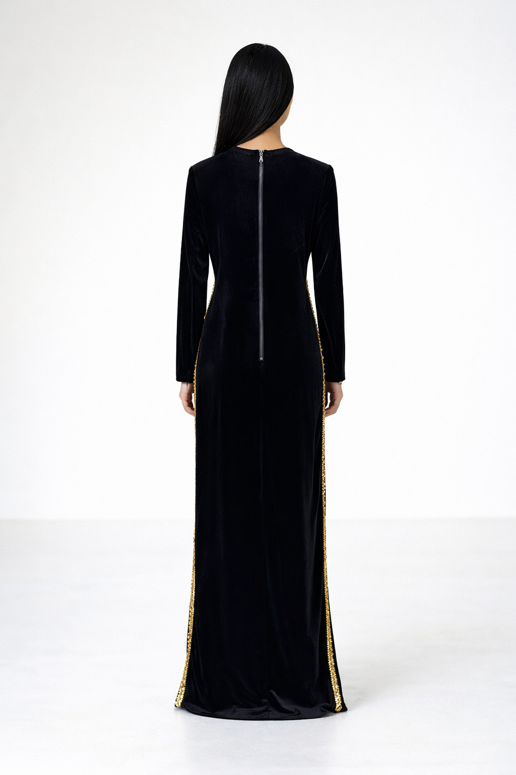 long sleeve velvet maxi dress with embellished trim – NOIRAH
