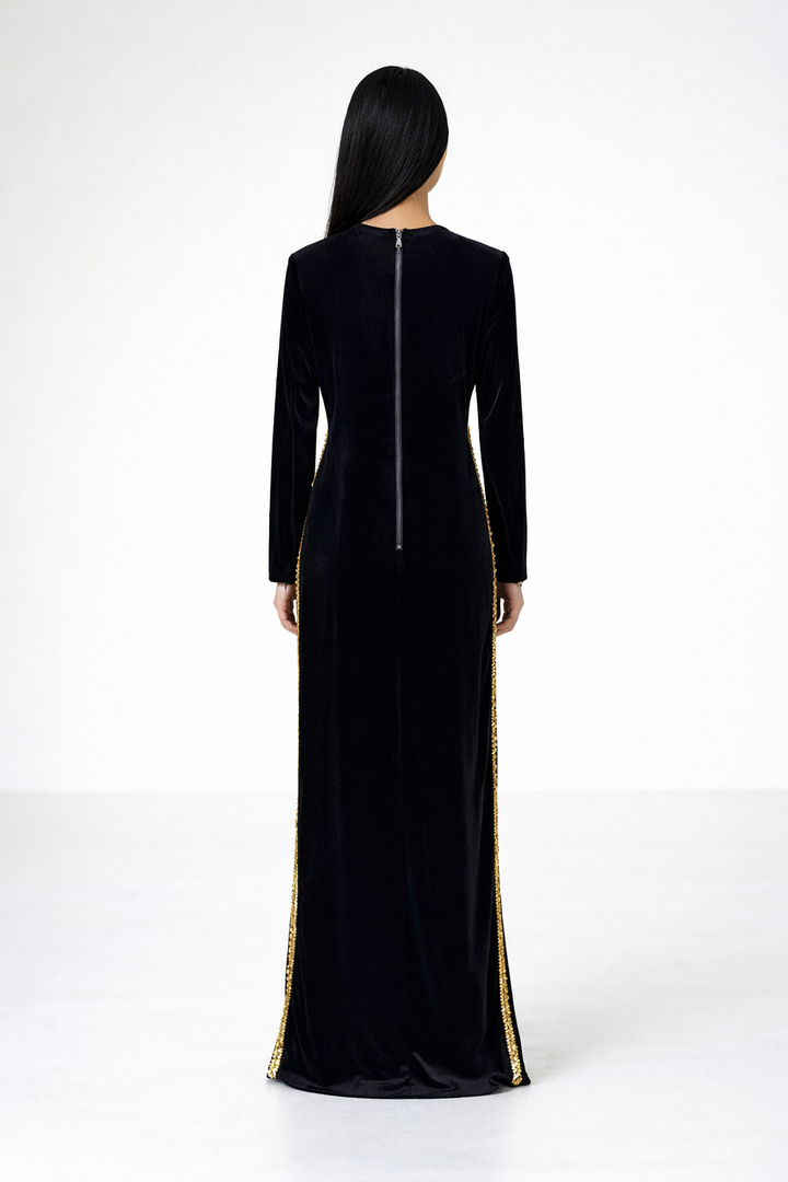 long sleeve velvet maxi dress with embellished trim – NOIRAH