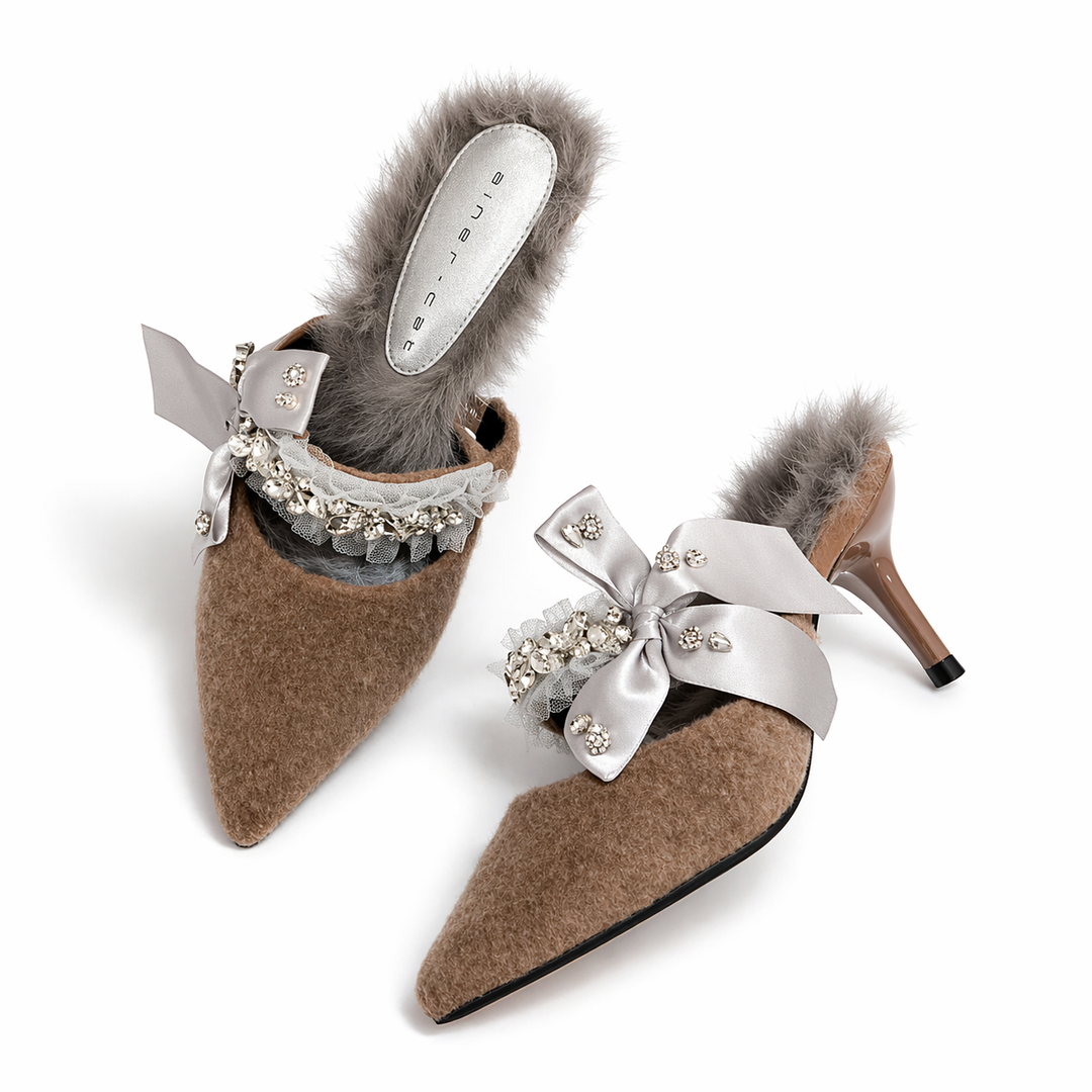 pointed toe mule heels with embellished bow and fur trim – TAUPE