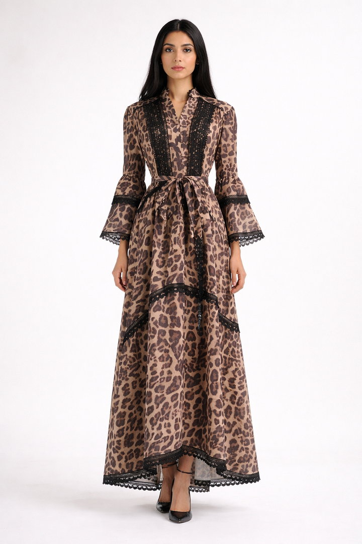 long sleeve vintage floral dress with lace panels and belted waist – AMELIA
