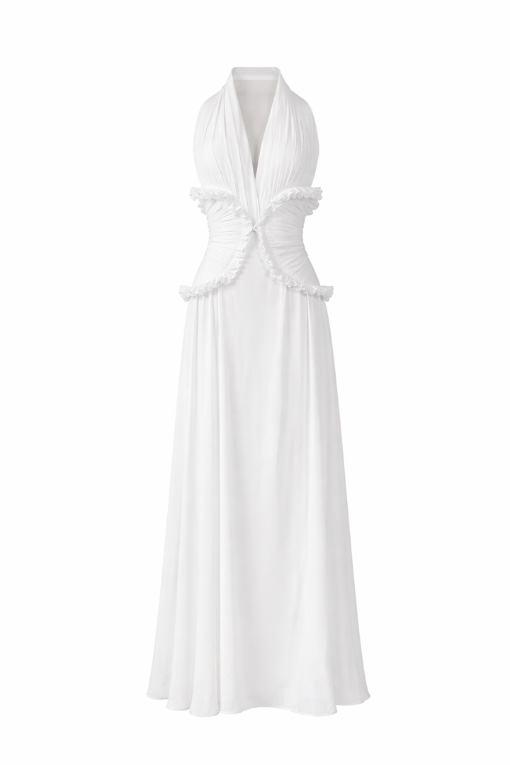 halter neck maxi dress with ruched ruffle waist – SOLARA