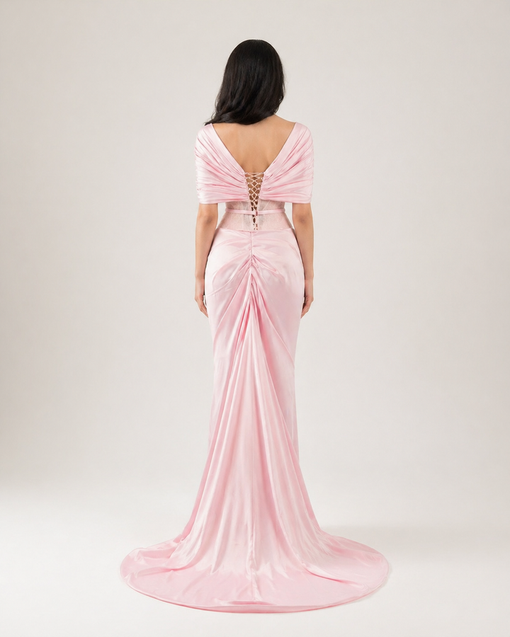 Blush Pink Satin Evening Gown with Draped Shawl & Embellished Bodice – ROSÉVA