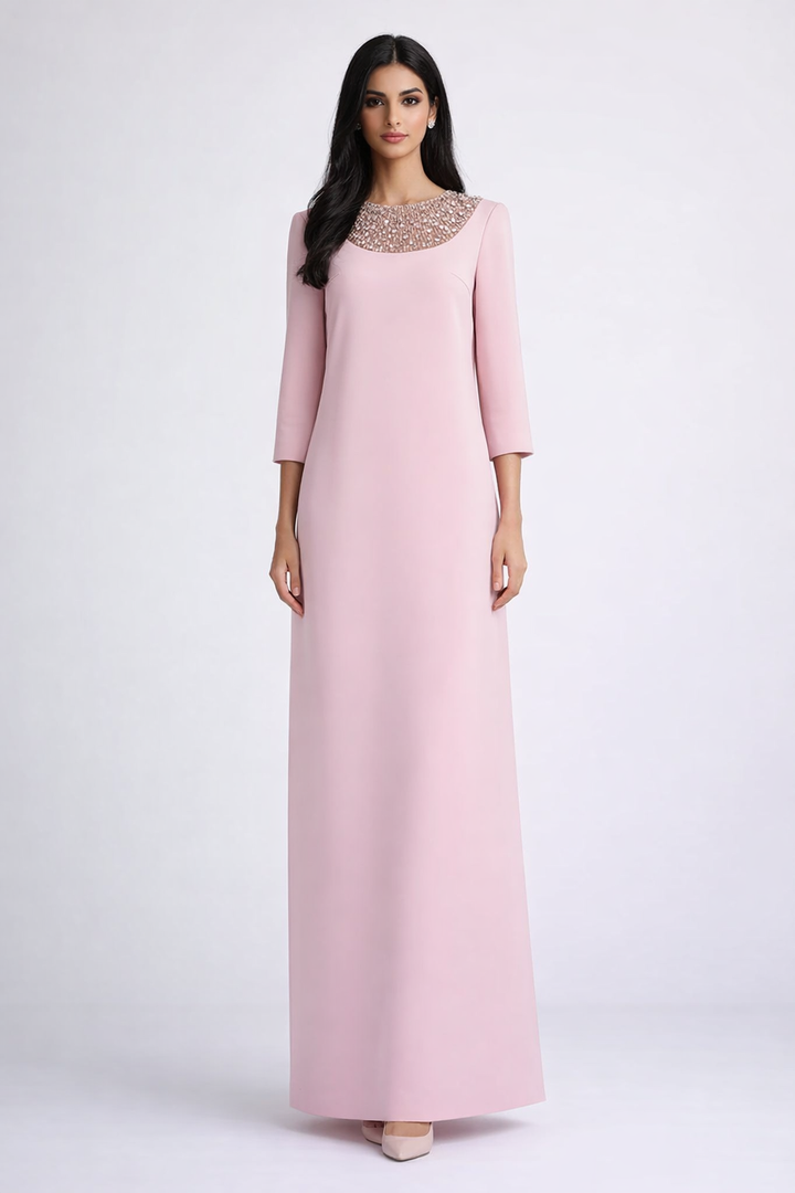 three-quarter sleeve column maxi dress with embellished neckline – ROSÉLIA