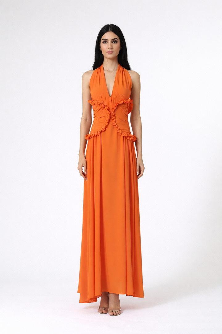 halter neck maxi dress with ruched ruffle waist – SOLARA