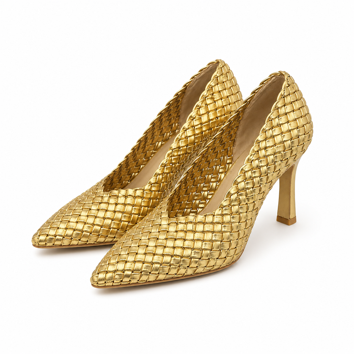 Gold Woven Pointed Toe Heels – Luxe
