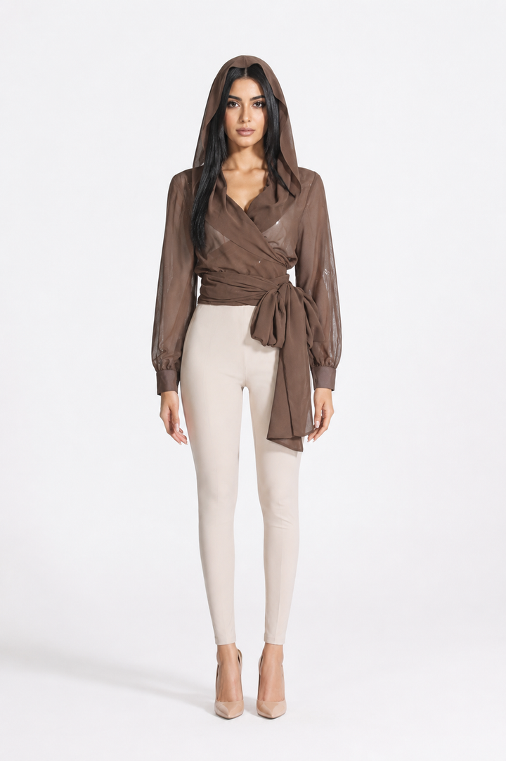 Sheer Wrap Tie Waist Blouse with Hood Detail – MOCHA