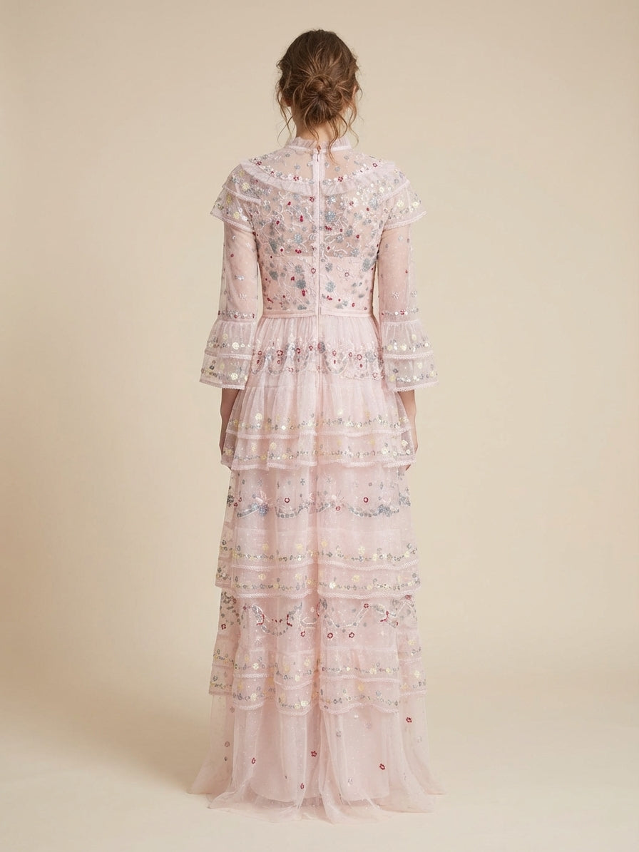 high-neck embroidered tulle maxi dress with layered ruffles – BLUSH