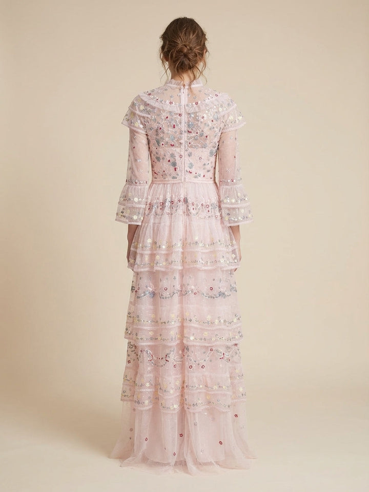 high-neck embroidered tulle maxi dress with layered ruffles – BLUSH