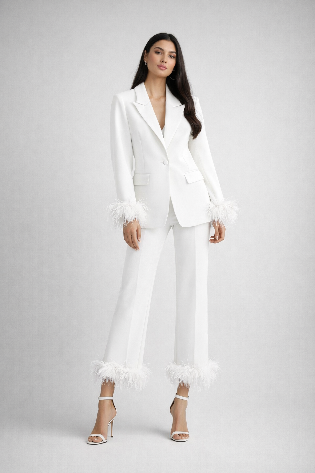 tailored blazer and straight pants set with feather trim – BLUSH