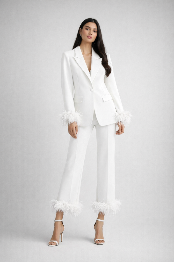 tailored blazer and straight pants set with feather trim – BLUSH