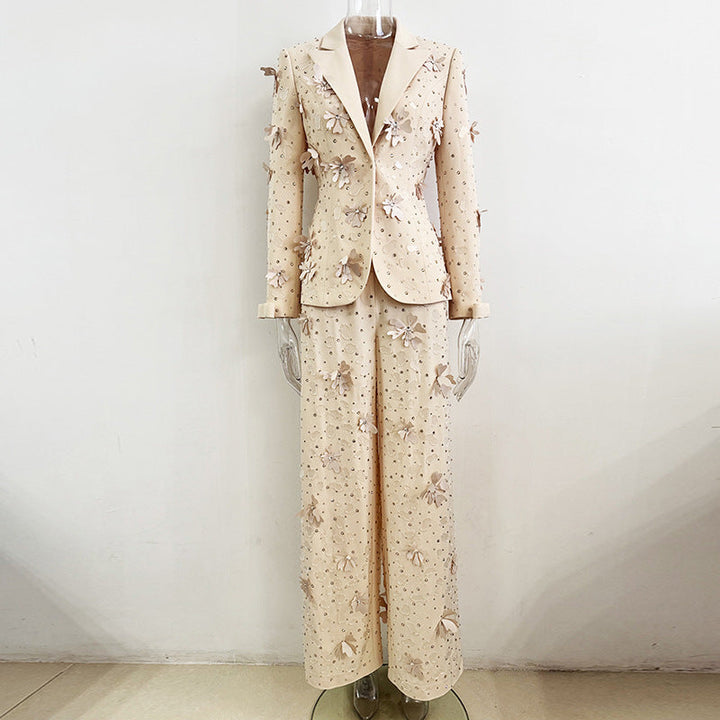 tailored blazer and wide-leg pants set with floral embellishments – BEIGE