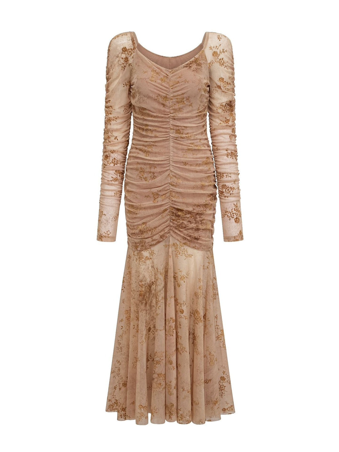 long-sleeve ruched floral midi dress with flared hem – ROSÉA