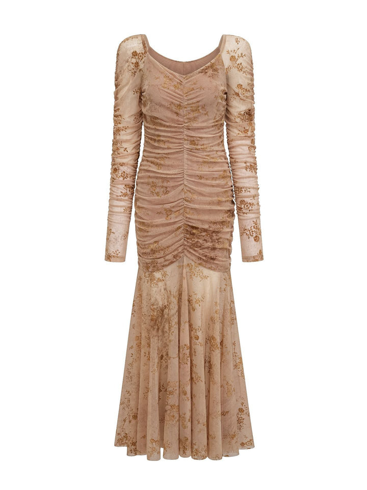 long-sleeve ruched floral midi dress with flared hem – ROSÉA