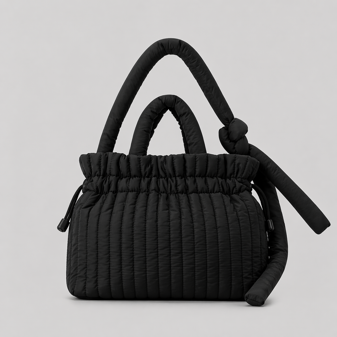 Black Padded Drawstring Shoulder Bag with Dual Handles - NOVARA