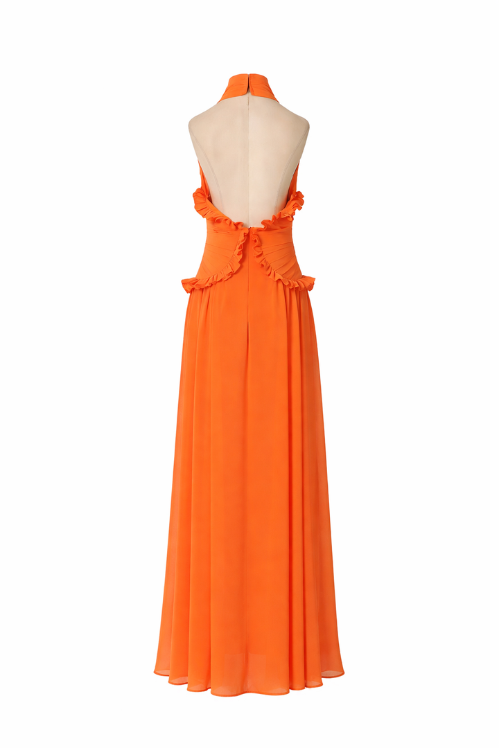 halter neck maxi dress with ruched ruffle waist – SOLARA