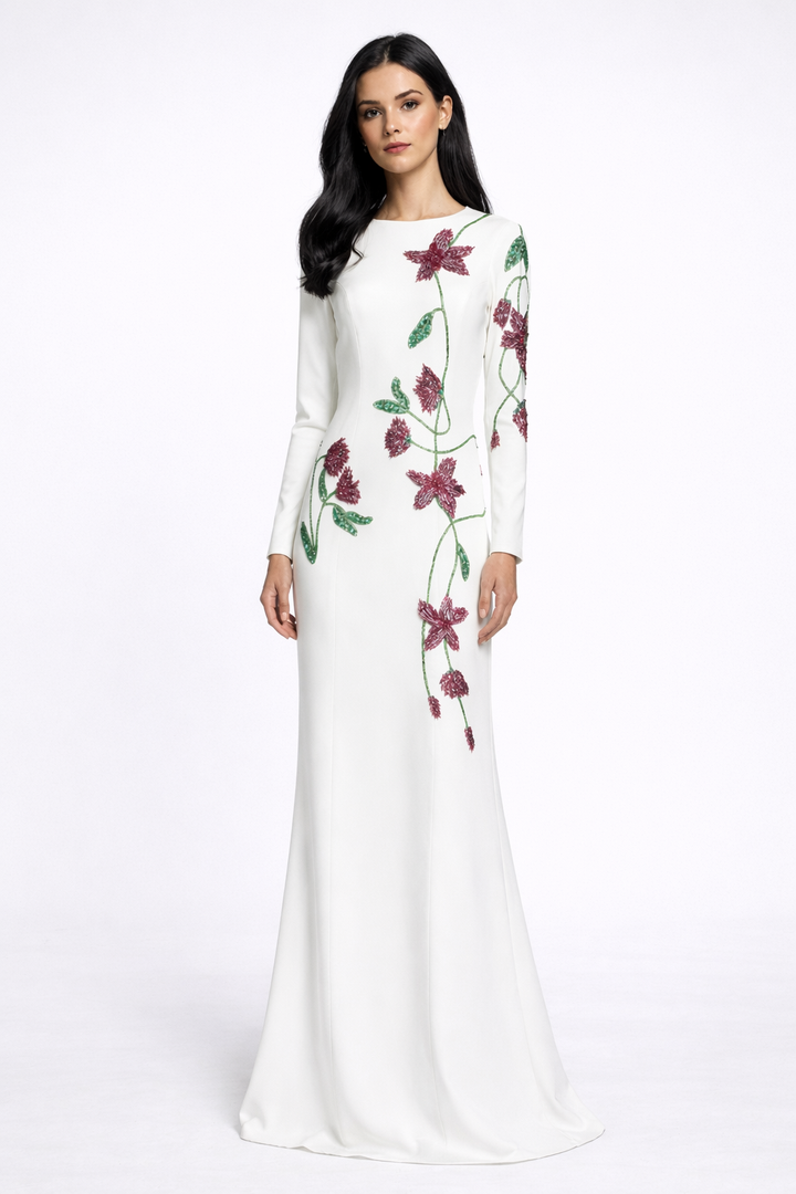 long sleeve column maxi dress with floral embroidery – BLOSSOM