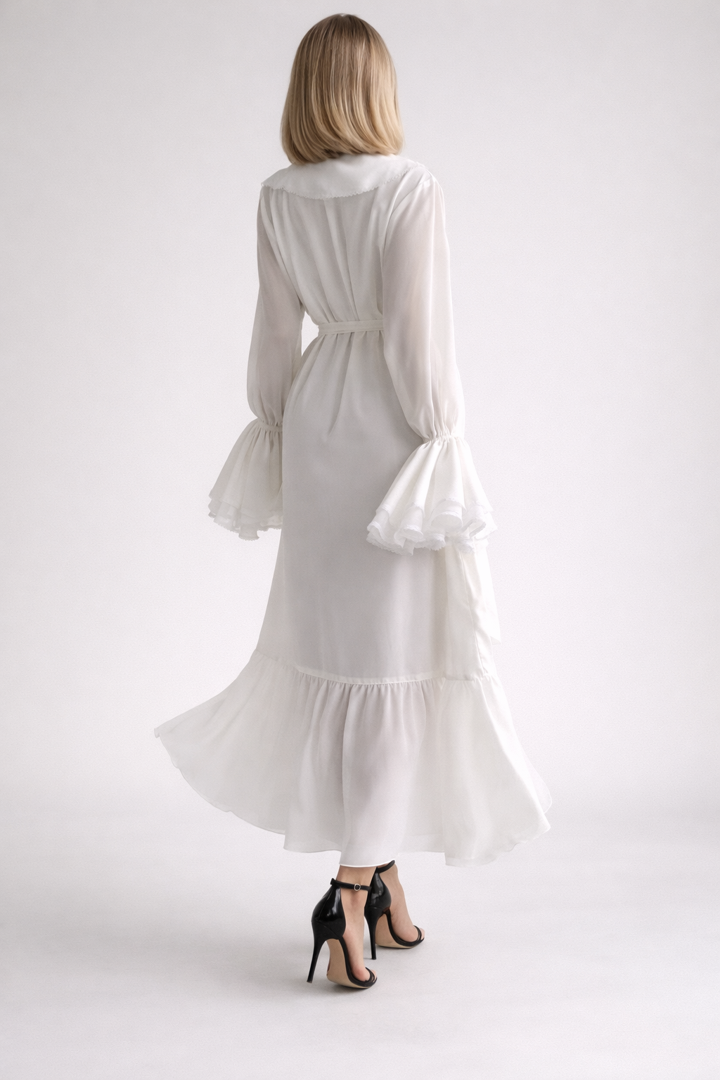 long sleeve ruffle maxi dress with waist tie detail – CASCADE