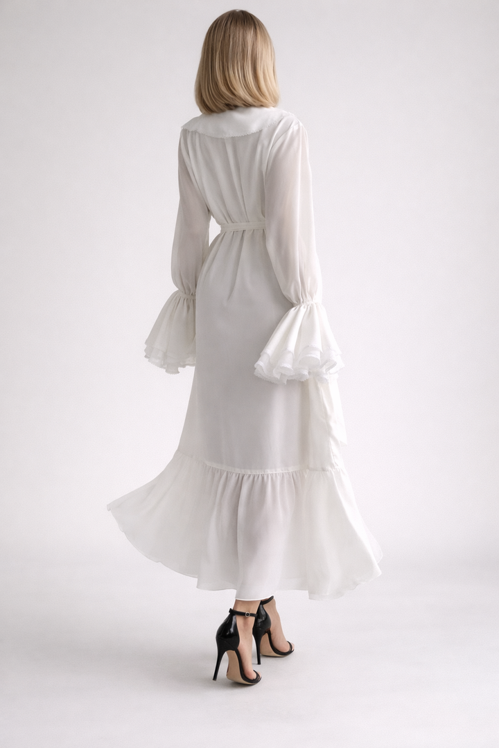 long sleeve ruffle maxi dress with waist tie detail – CASCADE