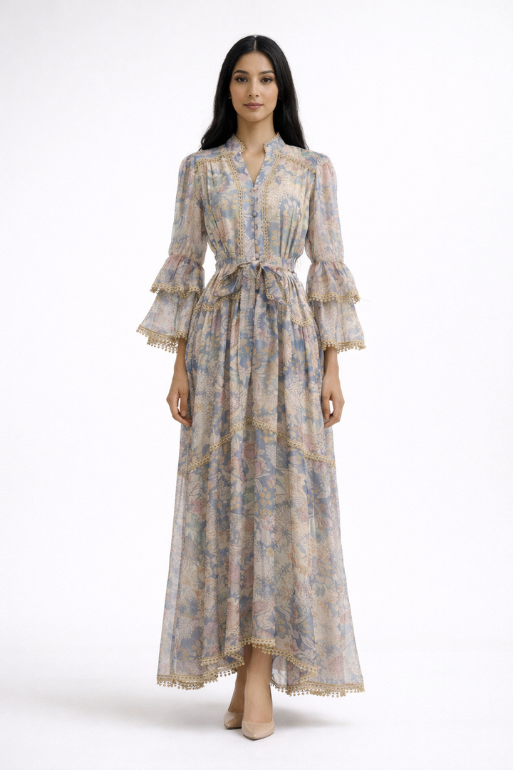 long sleeve vintage floral dress with lace panels and belted waist – AMELIA