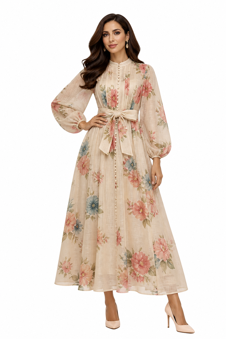 long-sleeve floral chiffon maxi dress with waist tie – ROSALIE