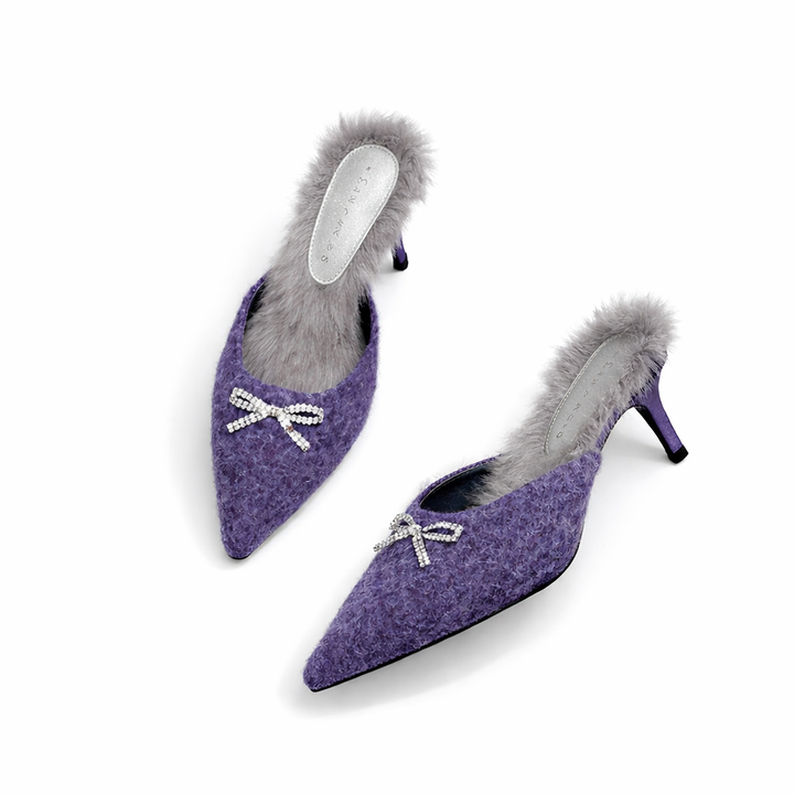 pointed toe textured mule with fur trim and crystal bow – VIOLET