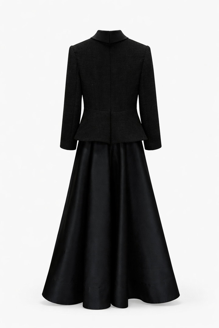 structured blazer-style maxi dress with flared satin skirt – ELEGANCE
