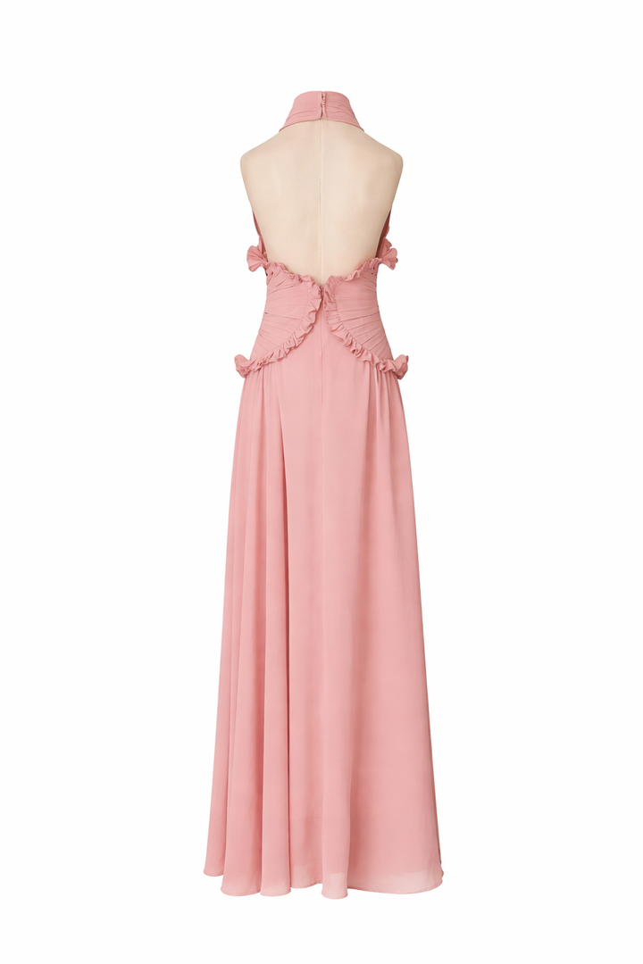 halter neck maxi dress with ruched ruffle waist – SOLARA
