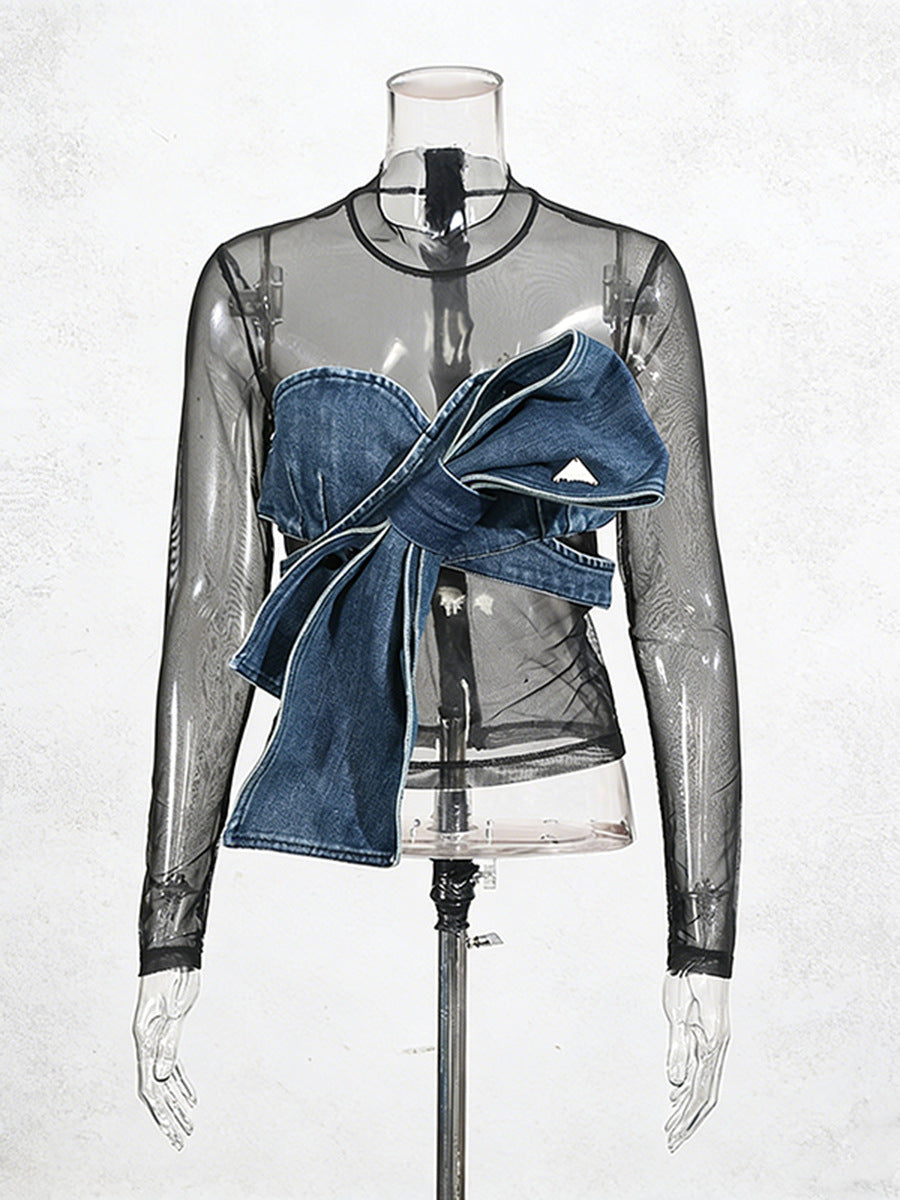 sheer mesh top with denim bow detail – MIDNIGHT