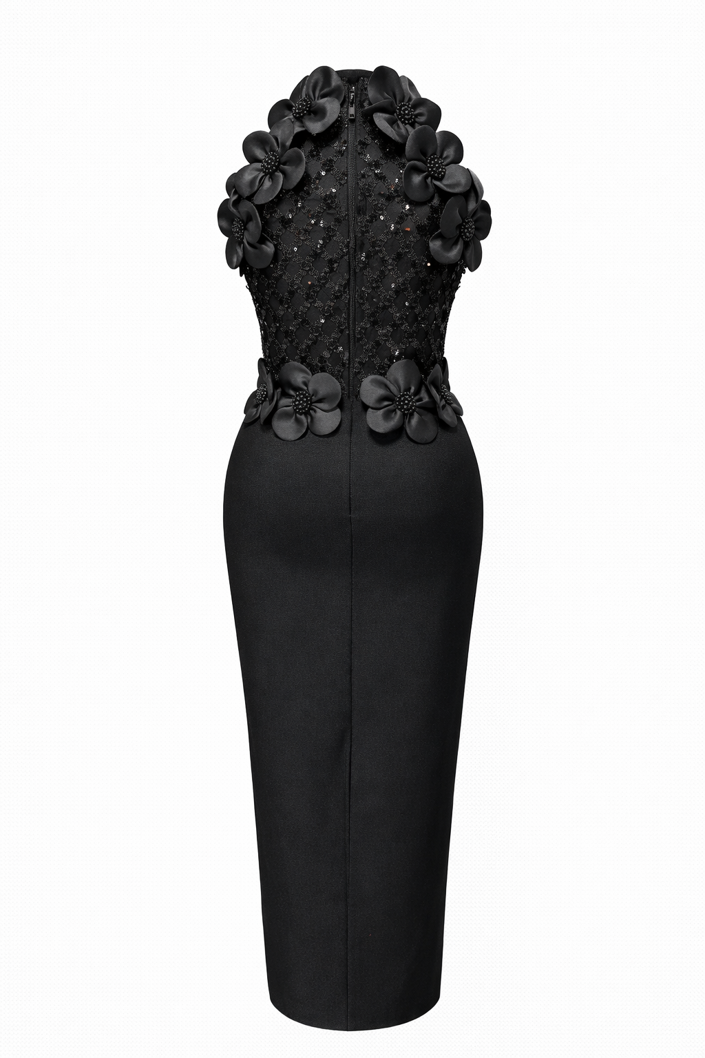 sleeveless fitted midi dress with 3D floral appliqué and sequined bodice – BLOSSOM