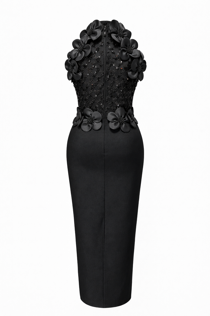 sleeveless fitted midi dress with 3D floral appliqué and sequined bodice – BLOSSOM