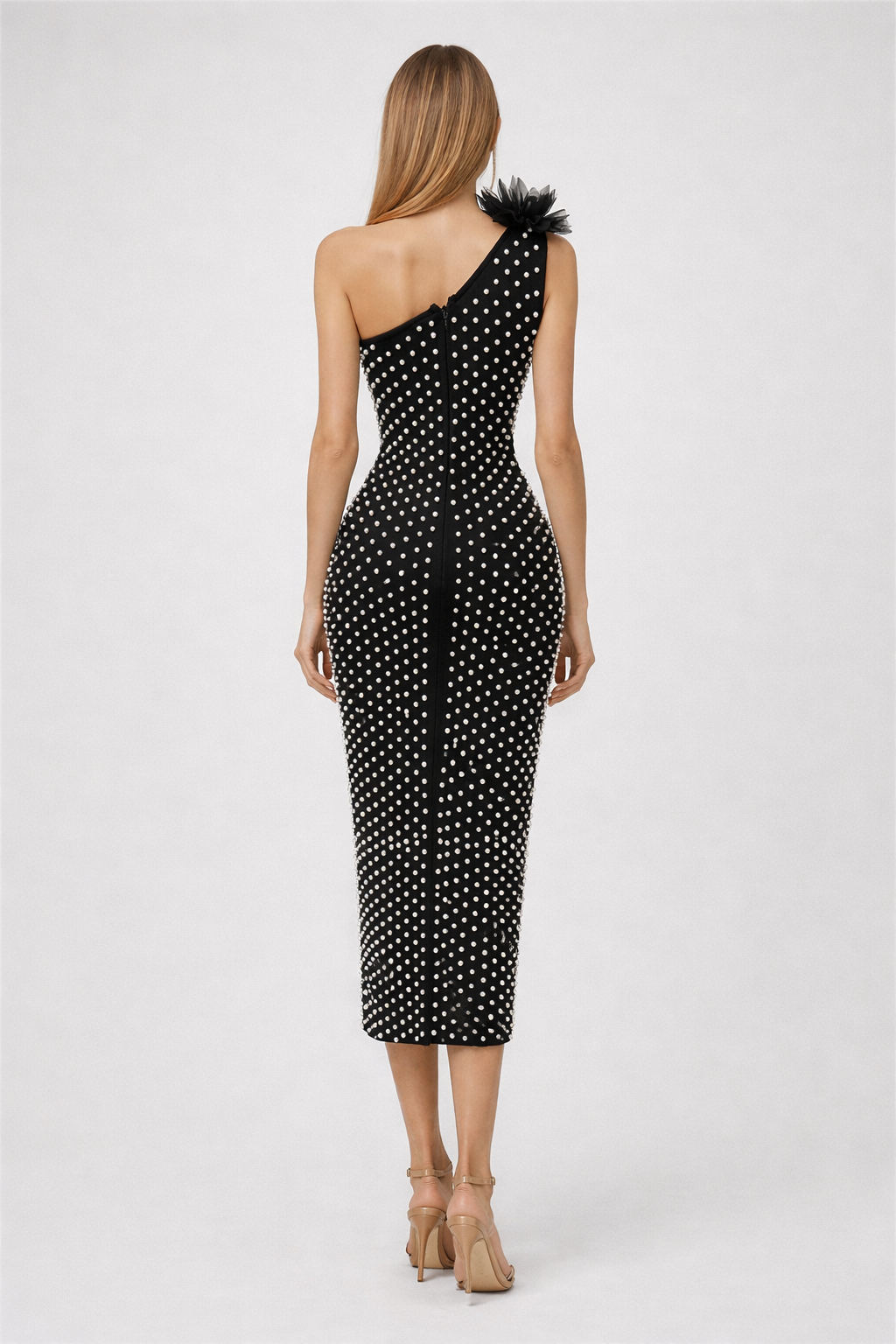 one-shoulder fitted midi dress with pearl embellishments and floral accent – PEARL