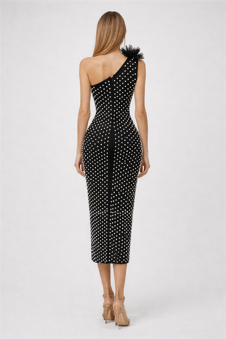 one-shoulder fitted midi dress with pearl embellishments and floral accent – PEARL