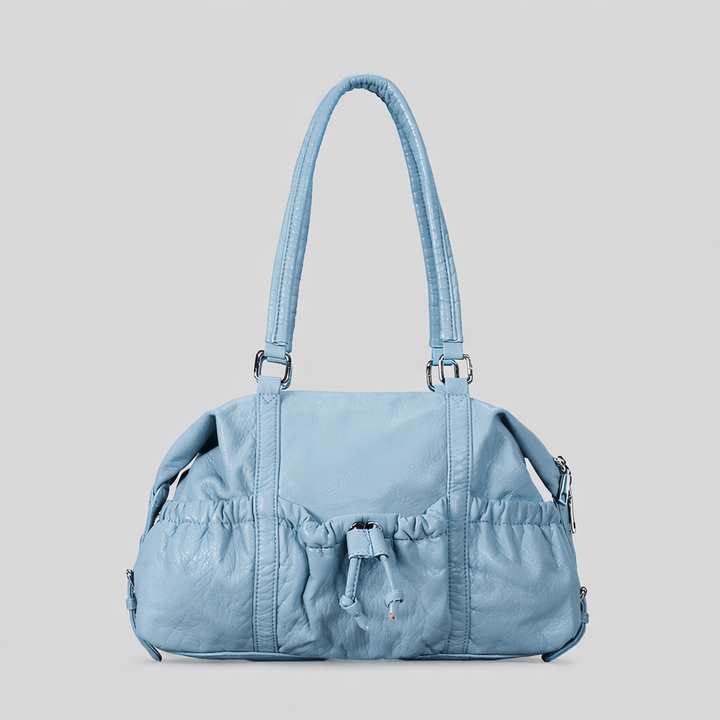 Sky Blue Soft Leather Drawstring Handbag-yondey