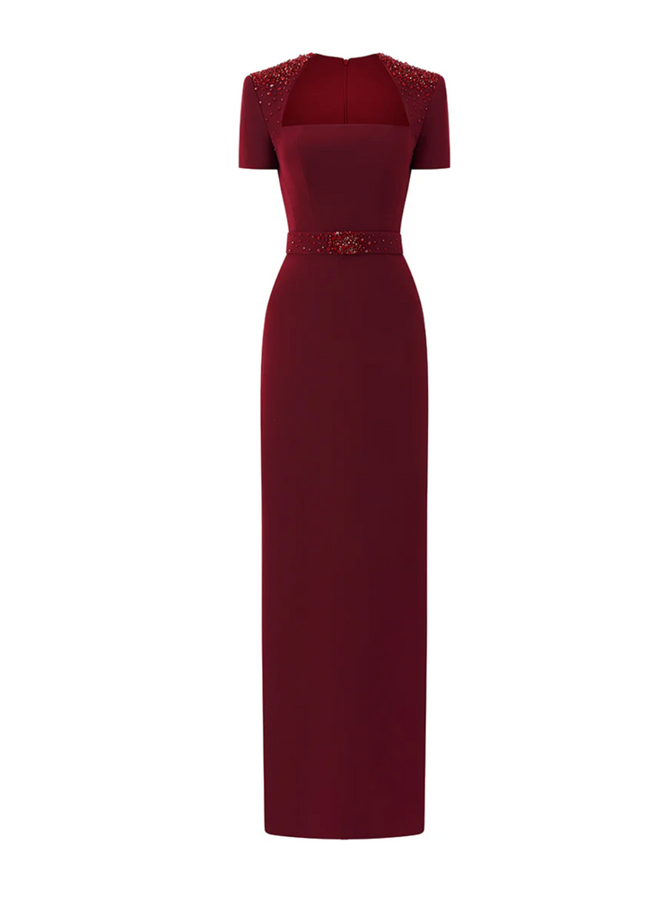 square neckline column dress with embellished shoulders – CRIMSON