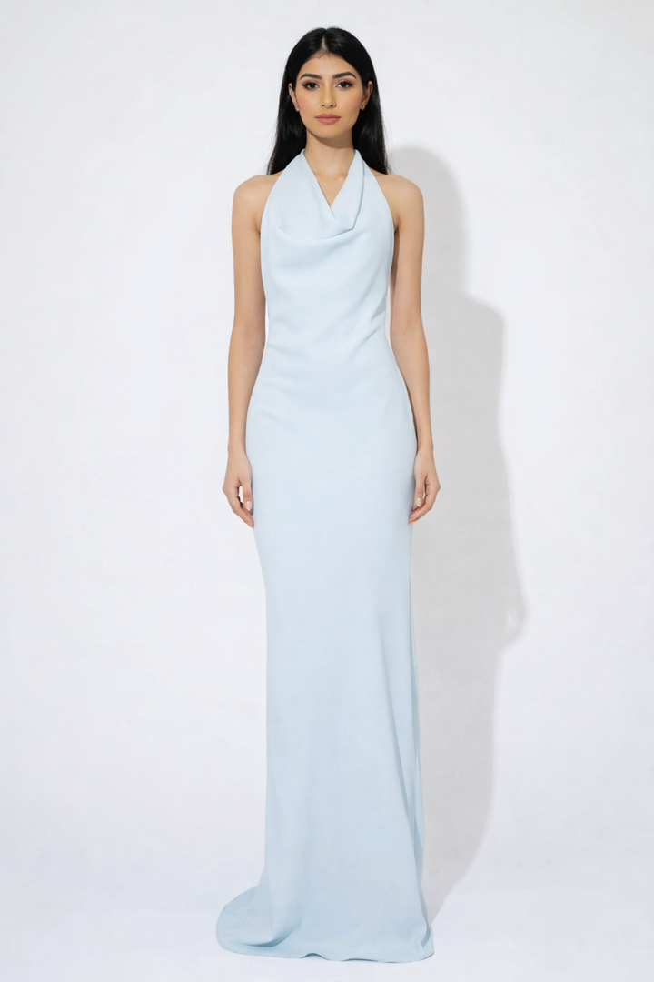 halter neck column maxi dress with draped neckline – OLIVIA