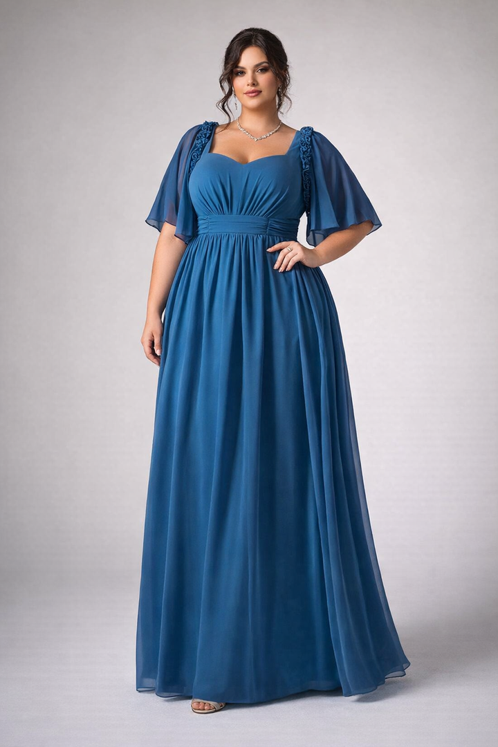 Elegant Blue Chiffon Evening Maxi Dress-TIMANE