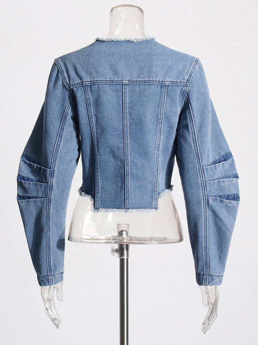 cropped denim jacket with raw edge detailing – URBAN