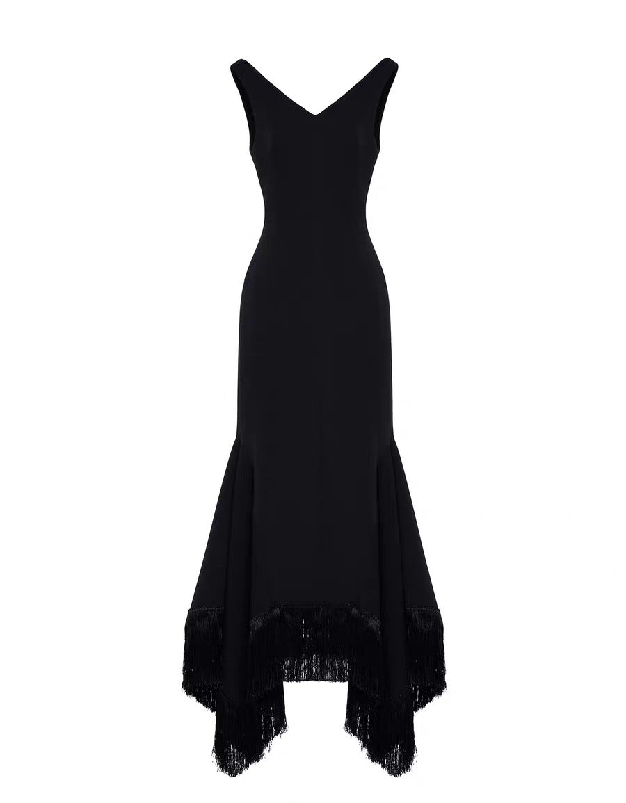 sleeveless mermaid dress with asymmetrical fringe hem – NOIRS