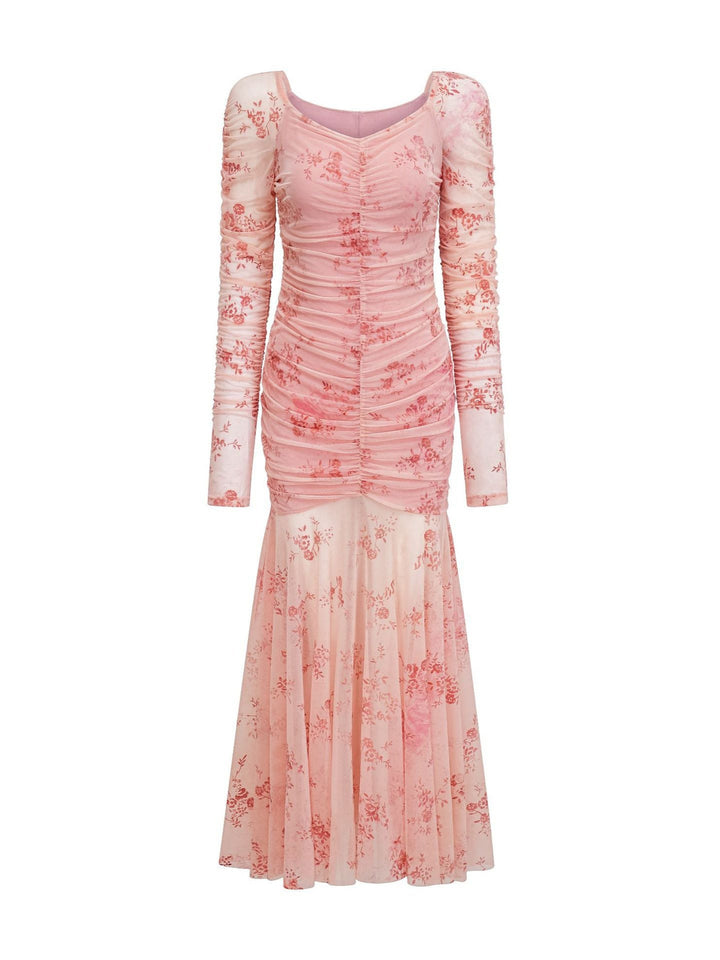 long-sleeve ruched floral midi dress with flared hem – ROSÉA