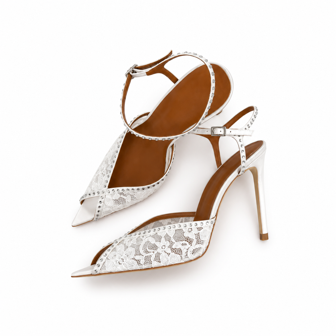 White Lace Crystal Slingback Heels – Bridal