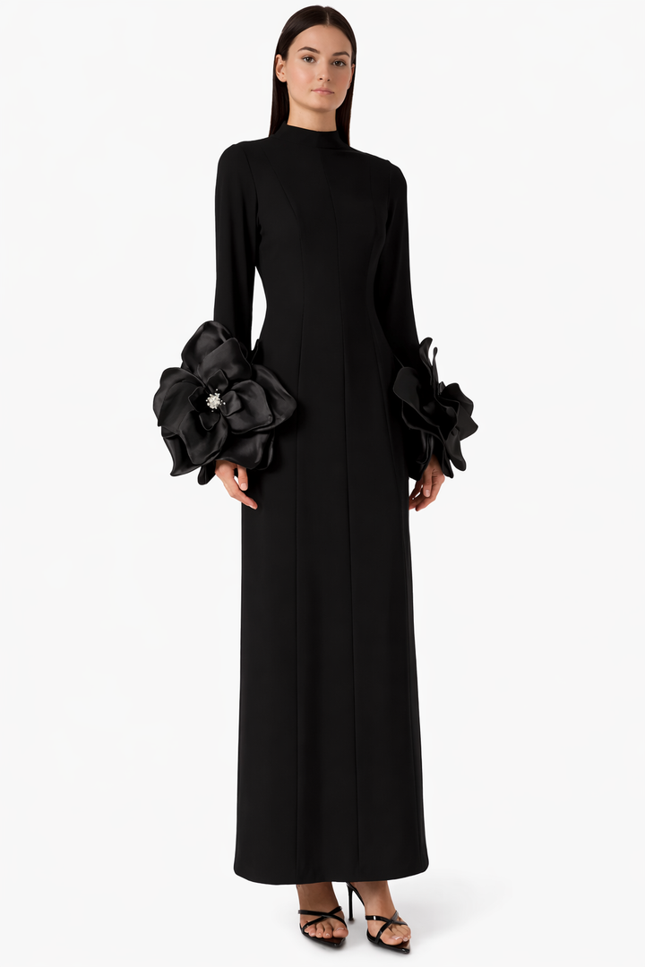 high-neck maxi dress with sculptural floral sleeves – AHMED