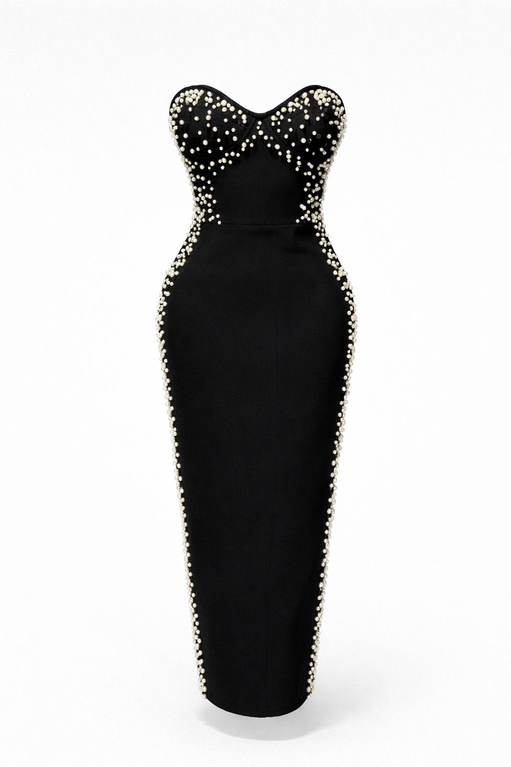 strapless fitted midi dress with pearl embellishments – PEARL