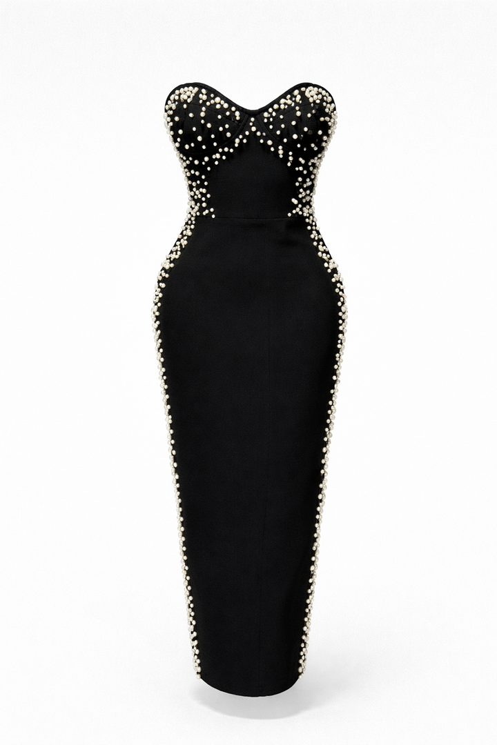 strapless fitted midi dress with pearl embellishments – PEARL